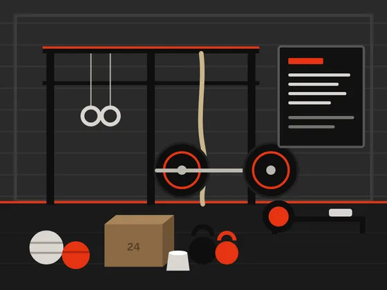Ilustração do box com estrutura de barras, argolas, corda, remo, caixa de salto, wall balls, kettlebells e barra com anilhas